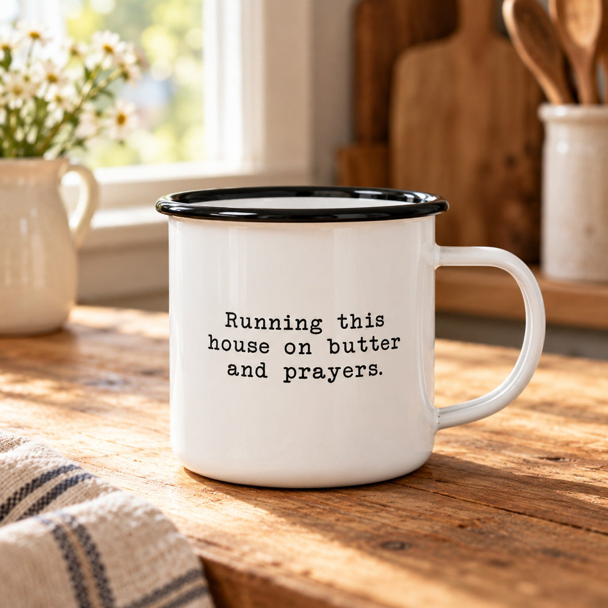 Butter and prayers Christian camp mug in the garden, white enamel with black rim