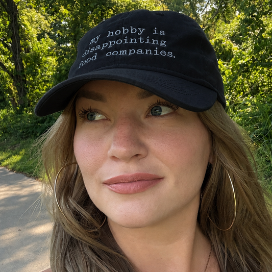 Black embroidered cotton hat, my hobby is disappointing food companies
